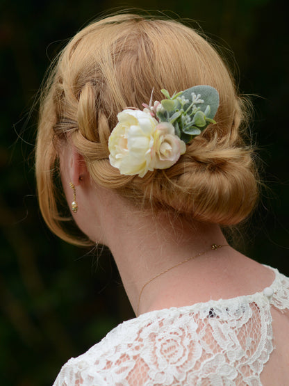 Ivory Peony Flower Hair Clip with Eucalyptus | Bridesmaids Hair Clip | Bridal Hair Clip | Flower Bun Clip | Pink Hair Clip