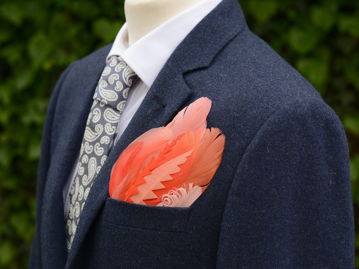 Ombre Flamingo, Coral and Blush Pink Feather Pocket Square No.278 | Suit Accessory | Feather Neck Tie | Grooms Outfit | Groomsmen | Wedding