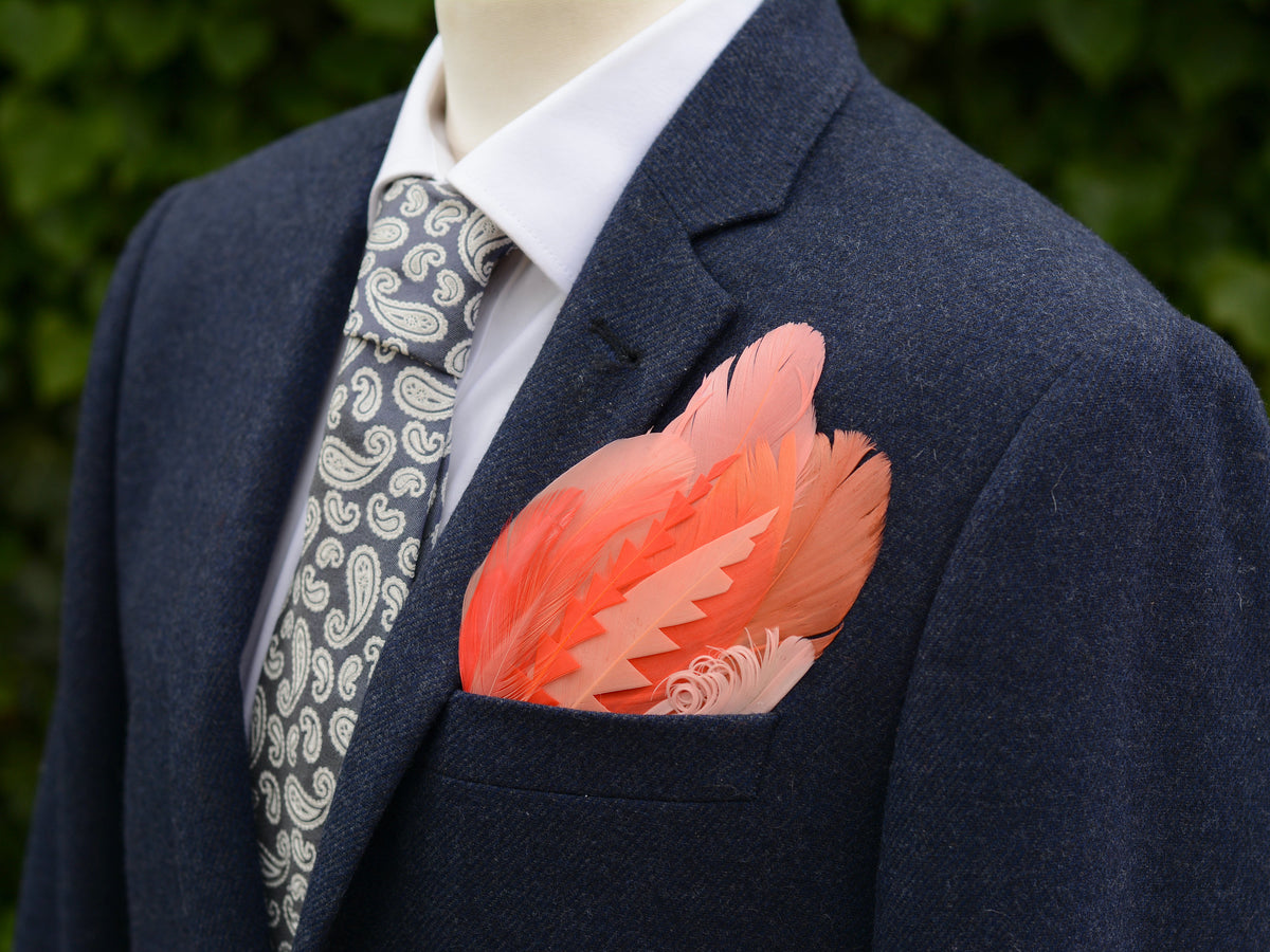 Ombre Flamingo, Coral and Blush Pink Feather Pocket Square No.278 | Suit Accessory | Feather Neck Tie | Grooms Outfit | Groomsmen | Wedding