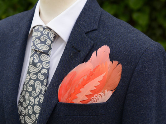 Ombre Flamingo, Coral and Blush Pink Feather Pocket Square No.278 | Suit Accessory | Feather Neck Tie | Grooms Outfit | Groomsmen | Wedding