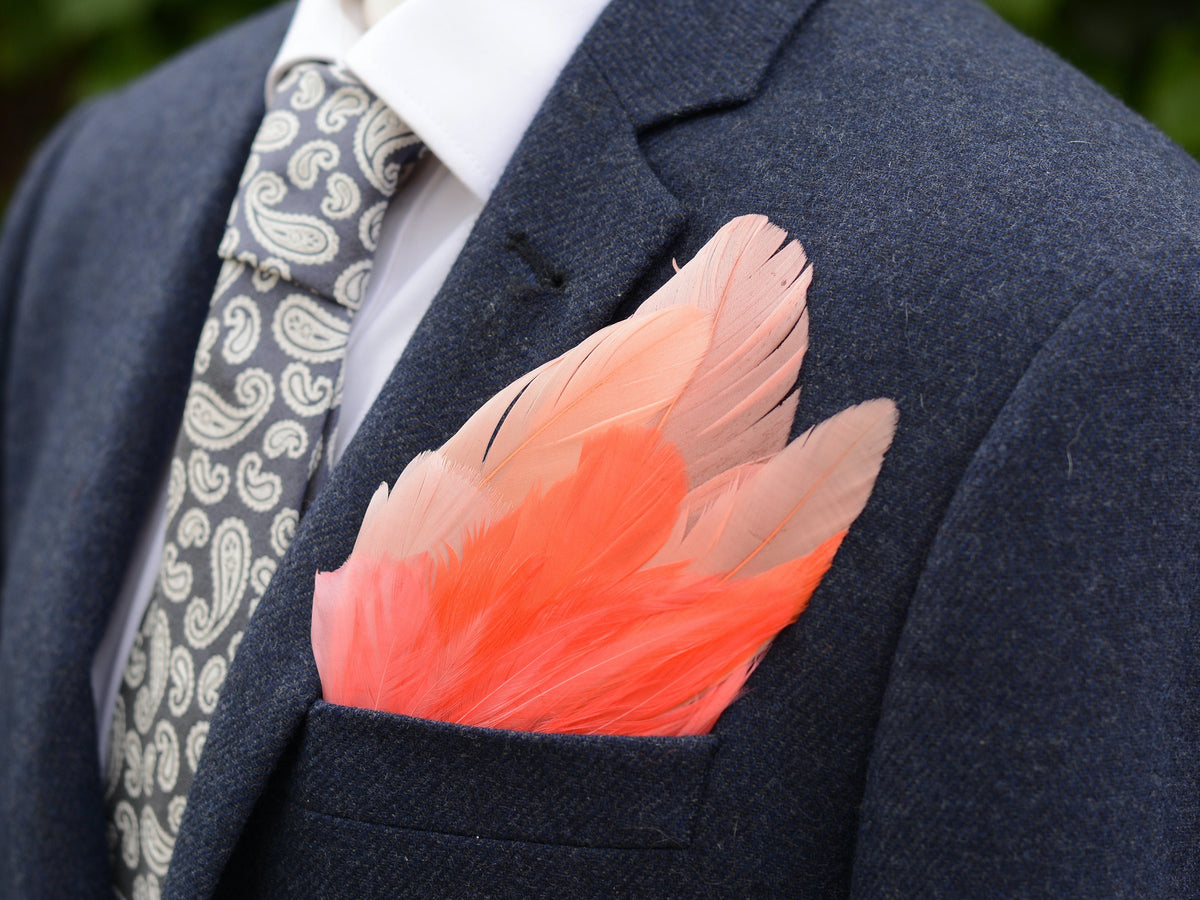Ombre Flame, Coral and Blush Pink Feather Pocket Square No.276 | Suit Accessory | Feather Neck Tie | Grooms Outfit | Groomsmen | Wedding