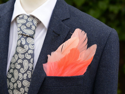 Ombre Flame, Coral and Blush Pink Feather Pocket Square No.276 | Suit Accessory | Feather Neck Tie | Grooms Outfit | Groomsmen | Wedding