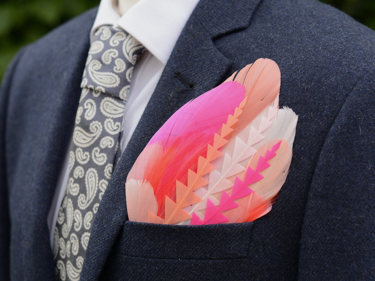 Ombre Magenta, Coral and Blush Pink Feather Pocket Square No.275 | Suit Accessory | Feather Neck Tie | Grooms Outfit | Groomsmen | Wedding