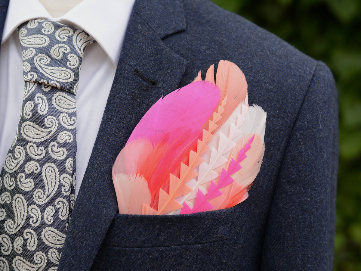 Ombre Magenta, Coral and Blush Pink Feather Pocket Square No.275 | Suit Accessory | Feather Neck Tie | Grooms Outfit | Groomsmen | Wedding