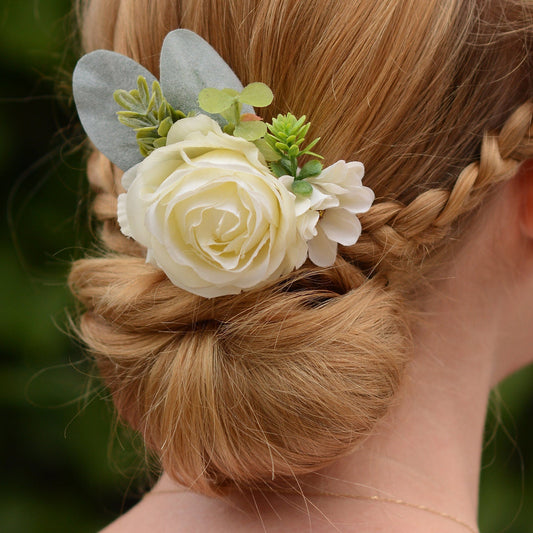 Flower Hair Clip in Ivory Rose and Anemone, Bridesmaids Hair Clip, Bridal Hair Clip