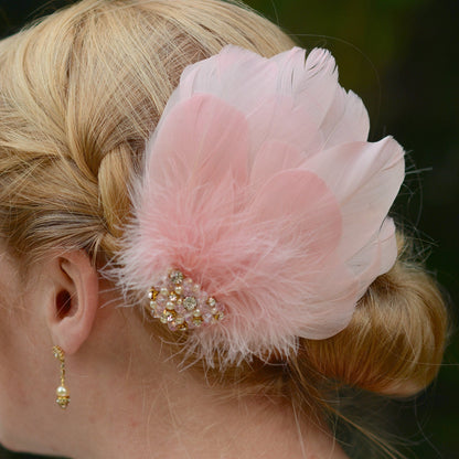 Vintage Pink Feather Headpiece with Pearl and Rhinestone Embellishment | Pink Feather Hair Clip | Pink Feather Fascinator | Bridal Headpiece