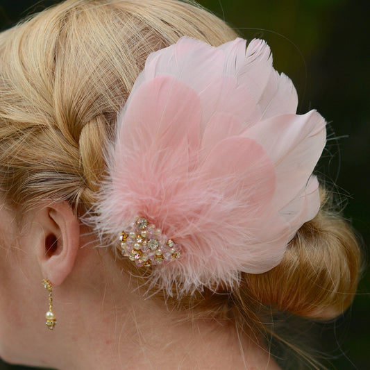 Vintage Pink Feather Headpiece with Pearl and Rhinestone Embellishment | Pink Feather Hair Clip | Pink Feather Fascinator | Bridal Headpiece