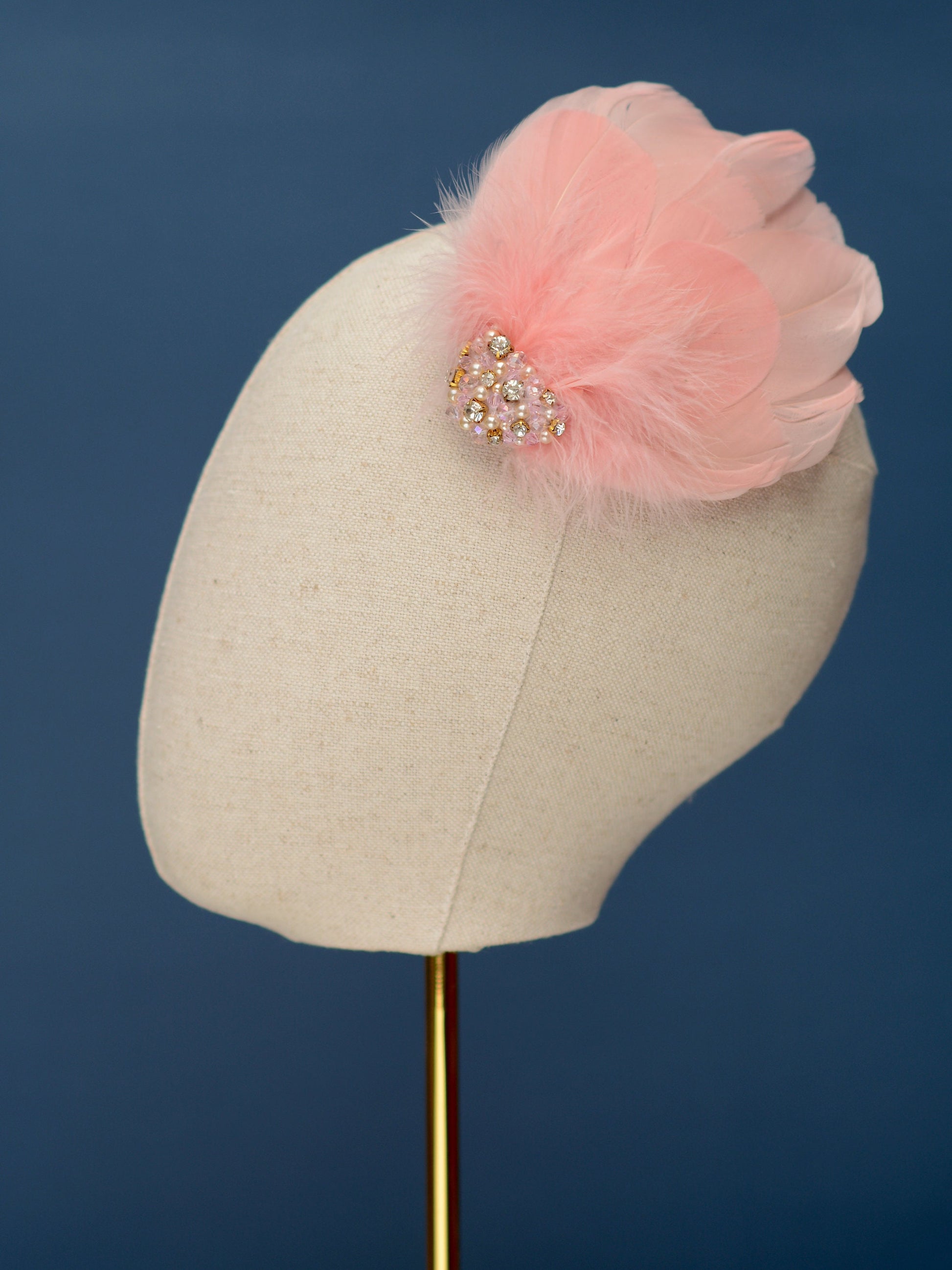 Vintage Pink Feather Headpiece with Pearl and Rhinestone Embellishment | Pink Feather Hair Clip | Pink Feather Fascinator | Bridal Headpiece