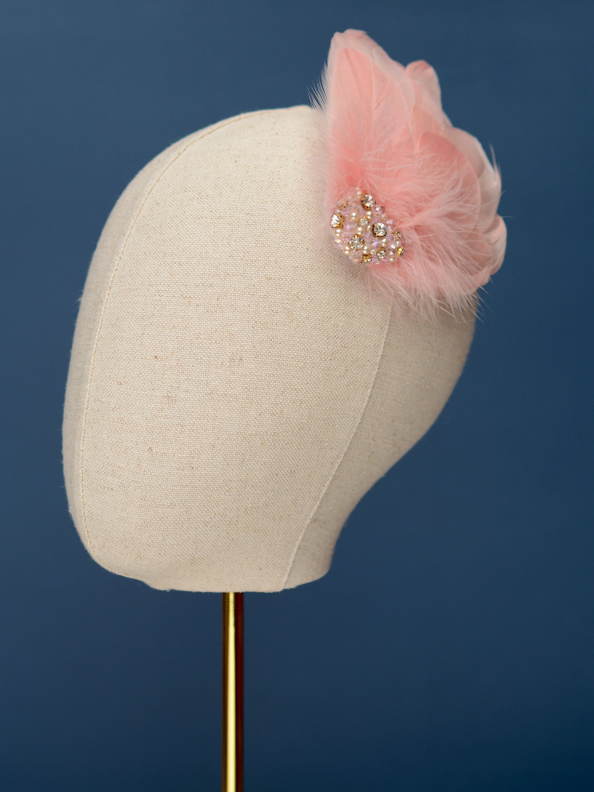 Vintage Pink Feather Headpiece with Pearl and Rhinestone Embellishment | Pink Feather Hair Clip | Pink Feather Fascinator | Bridal Headpiece