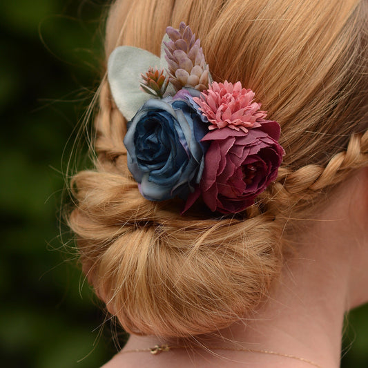 Flower Hair Clip in Plum and Navy Blue | Silk Flower Hair Clip | Bridal Hair Clip | Bridesmaids Hair Clip | Flower Girl