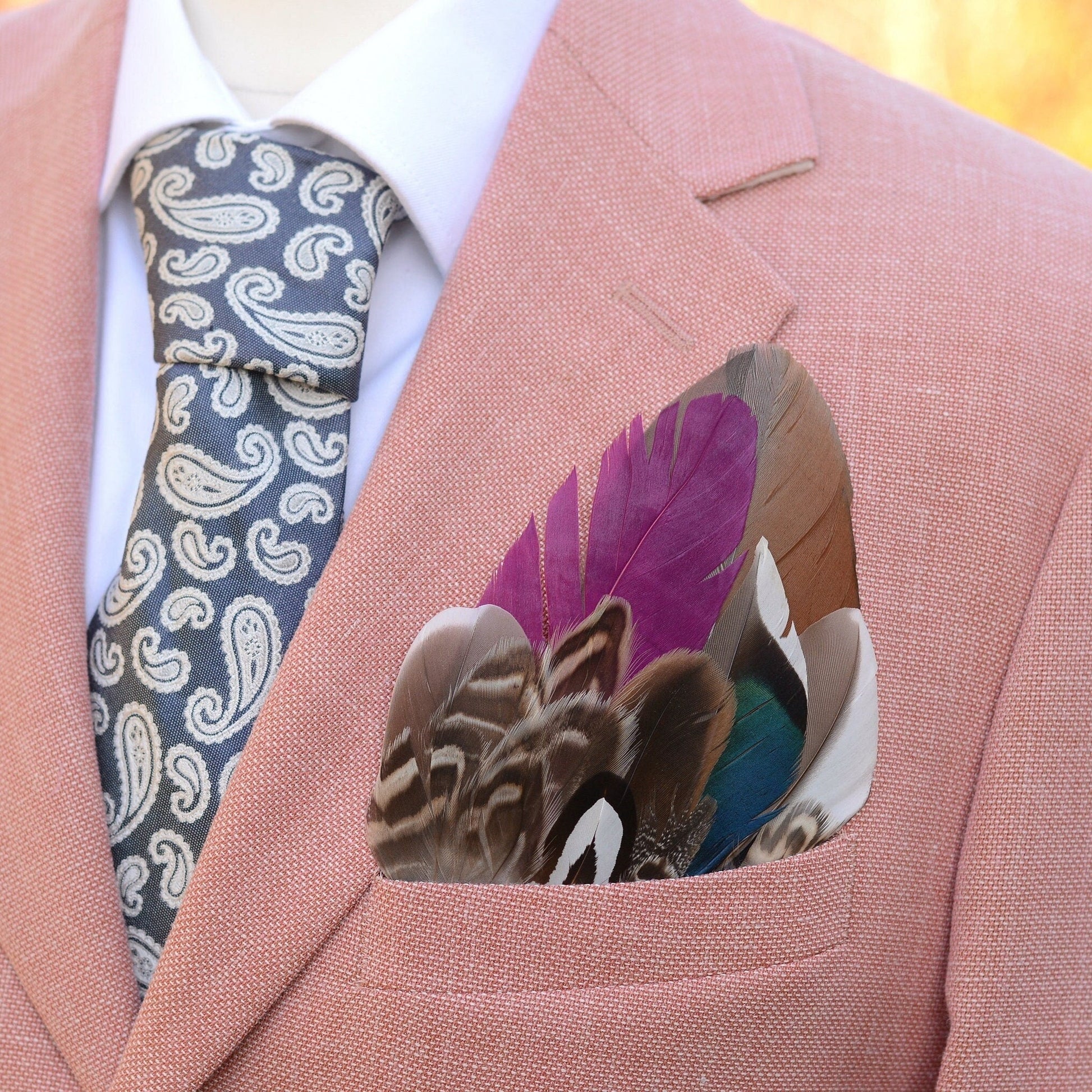Plum and Duck Feather Pocket Square No.145 | Suit Accessory | Feather Neck Tie | Grooms Outfit | Groomsmen Gift