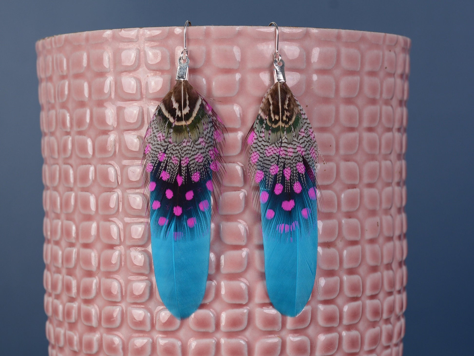 Turquoise Blue and Pink Feather Earrings | Festival Earrings | Feather Jewellery | Festival Jewellery | Drop Earrings