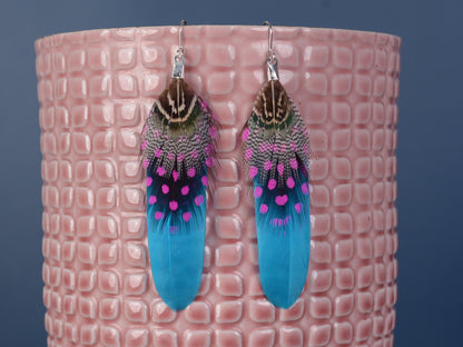 Turquoise Blue and Pink Feather Earrings | Festival Earrings | Feather Jewellery | Festival Jewellery | Drop Earrings