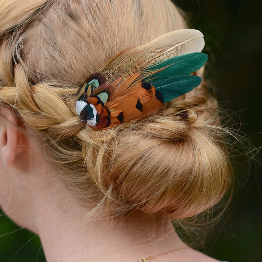 Bottle Green and Copper Pheasant Feather Hair Clip | Feather Fascinator | Bridal | Bridesmaid Hair Clip | Wedding Fascinator