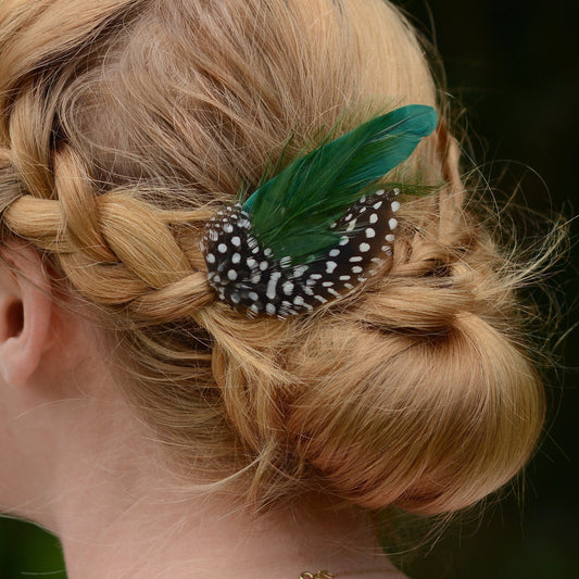 Feather Hair Clip in Bottle Green and Polka Dot | Green Feather Hair Clip | Green Feather Headpiece | Wedding Fascinator