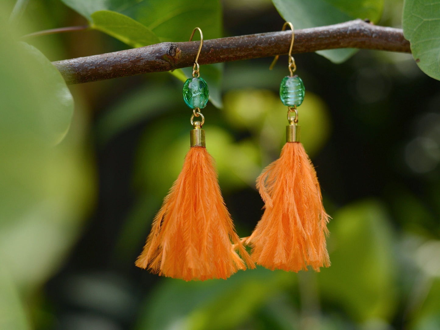 Orange and Turquoise Ostrich Feather Tassel Earrings | Festival Earrings | Feather Jewellery | Festival Jewellery | Long Earrings