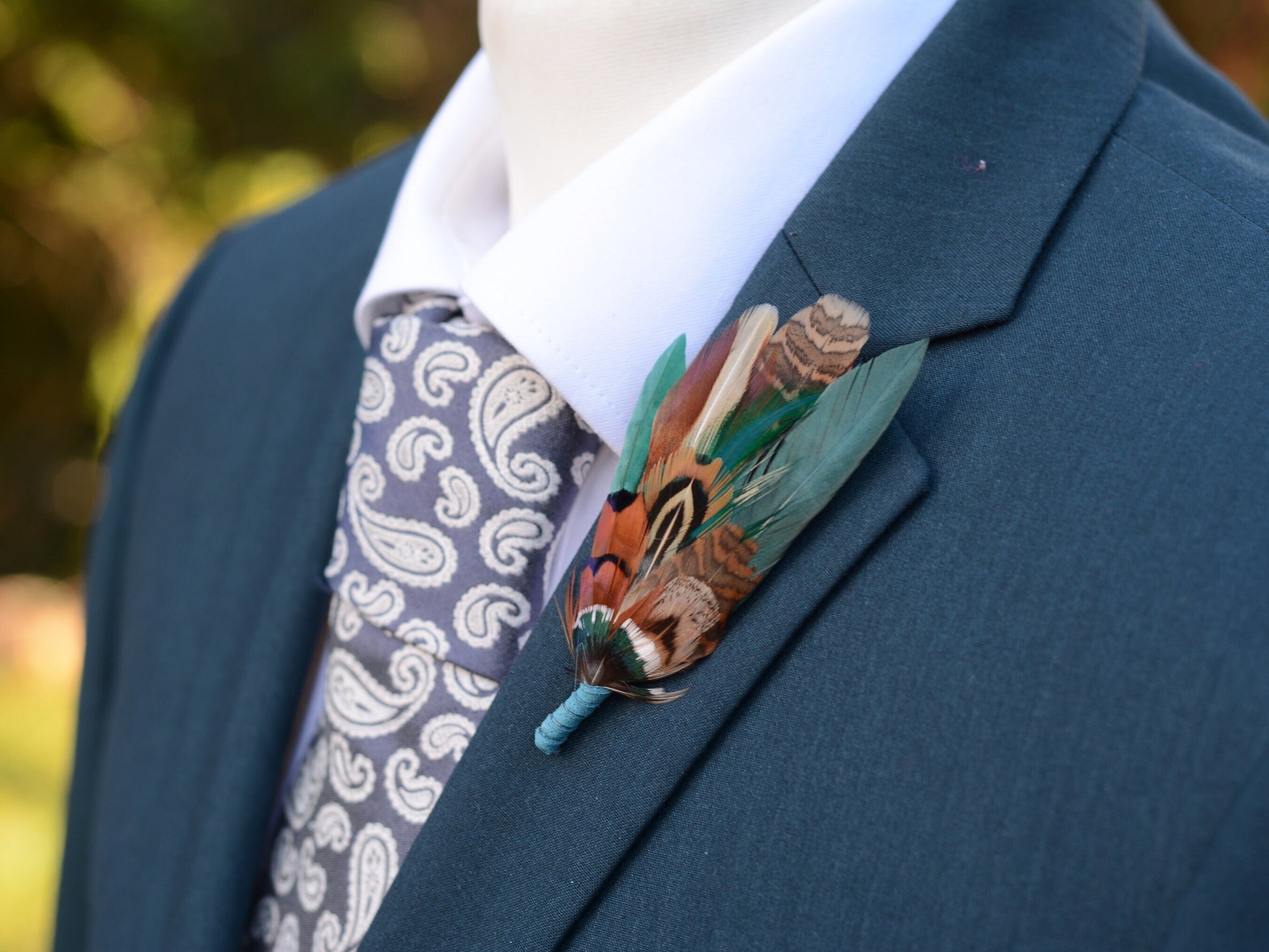 Green and Teal Pheasant Feather Lapel Pin / Hat Pin | Feather Boutonniere | Duck Feather Brooch
