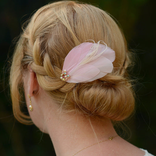 Blush Pink Vintage Style Feather Hair Clip in with Crystals and Pearls | Pink Feather Fascinator | Pink Feather Headpiece | Bridal Hair Clip