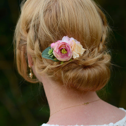 Ranunculus and Rose Flower Hair Clip in Soft Pink and Ivory | Silk Flower Hair Clip | Bridal Hair Clip | Bridesmaids Hair Clip | Flower Girl