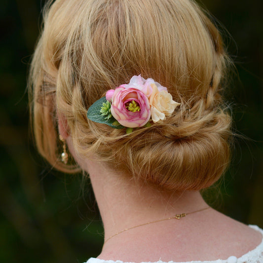 Ranunculus and Rose Flower Hair Clip in Soft Pink and Ivory | Silk Flower Hair Clip | Bridal Hair Clip | Bridesmaids Hair Clip | Flower Girl