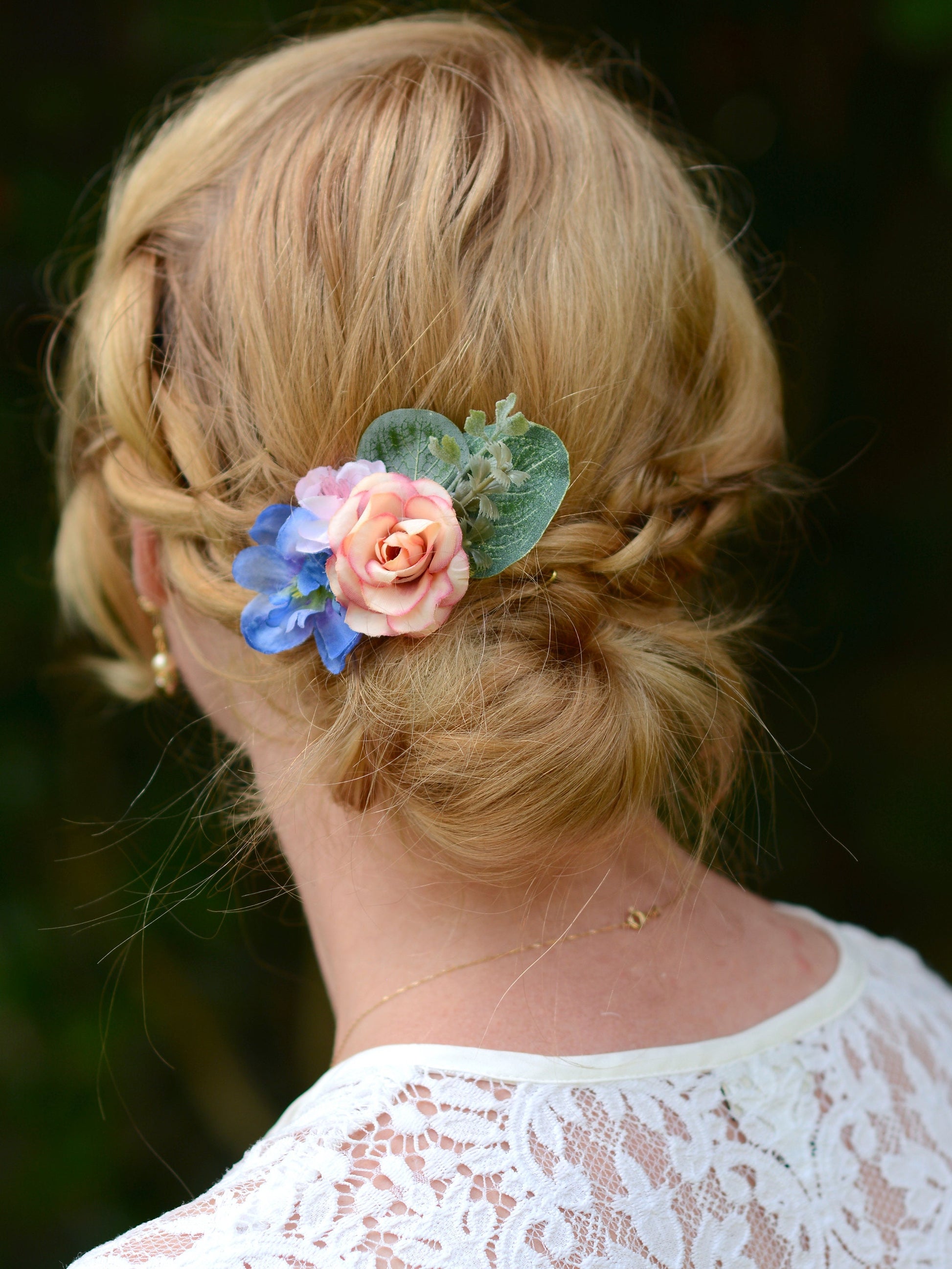 Blue and Pink Flower Hair Clip with Eucalyptus | Silk Flower Hair Clip | Bridal Hair Clip | Bridesmaids Hair Clip | Flower Girl Hair Clip