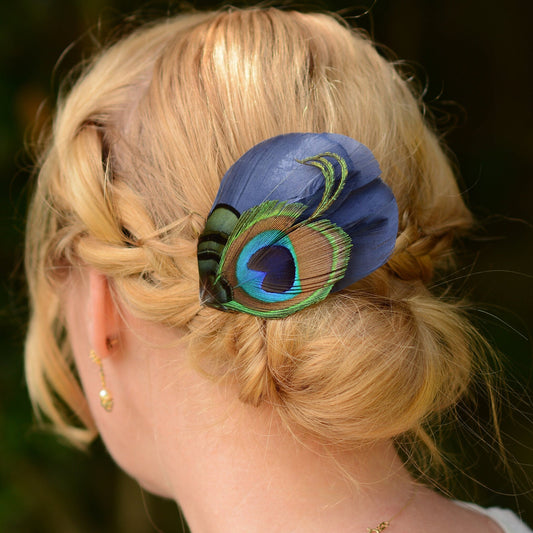 Navy Blue Peacock Eye Feather Hair Clip, Peacock Feather Fascinator