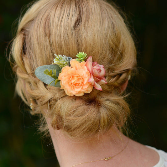 Flower Hair Clip in Peach and Blush Pink | Bridesmaids Hair Clip | Floral Headpiece | Bridal Hair Clip | Flower Bun Clip