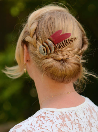 Burgundy, Partridge and Pheasant Feather Hair Clip | Pheasant Feather Fascinator | Feather Headpiece | Bridesmaid Hair Clip