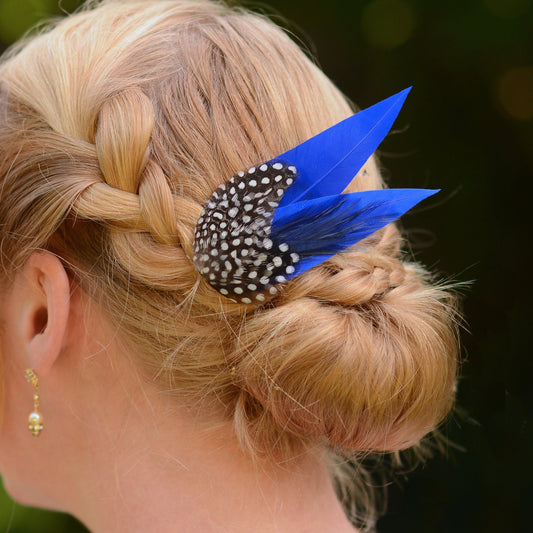 Cobalt Blue and Polka Dot Feather Hair Clip | Royal Blue Feather Fascinator | Blue Feather Headpiece | Wedding Fascinator | Bridal Headpiece
