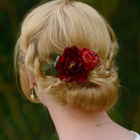 Crimson Red Peony and Rose Flower Hair Clip | Bridal Hair Clip