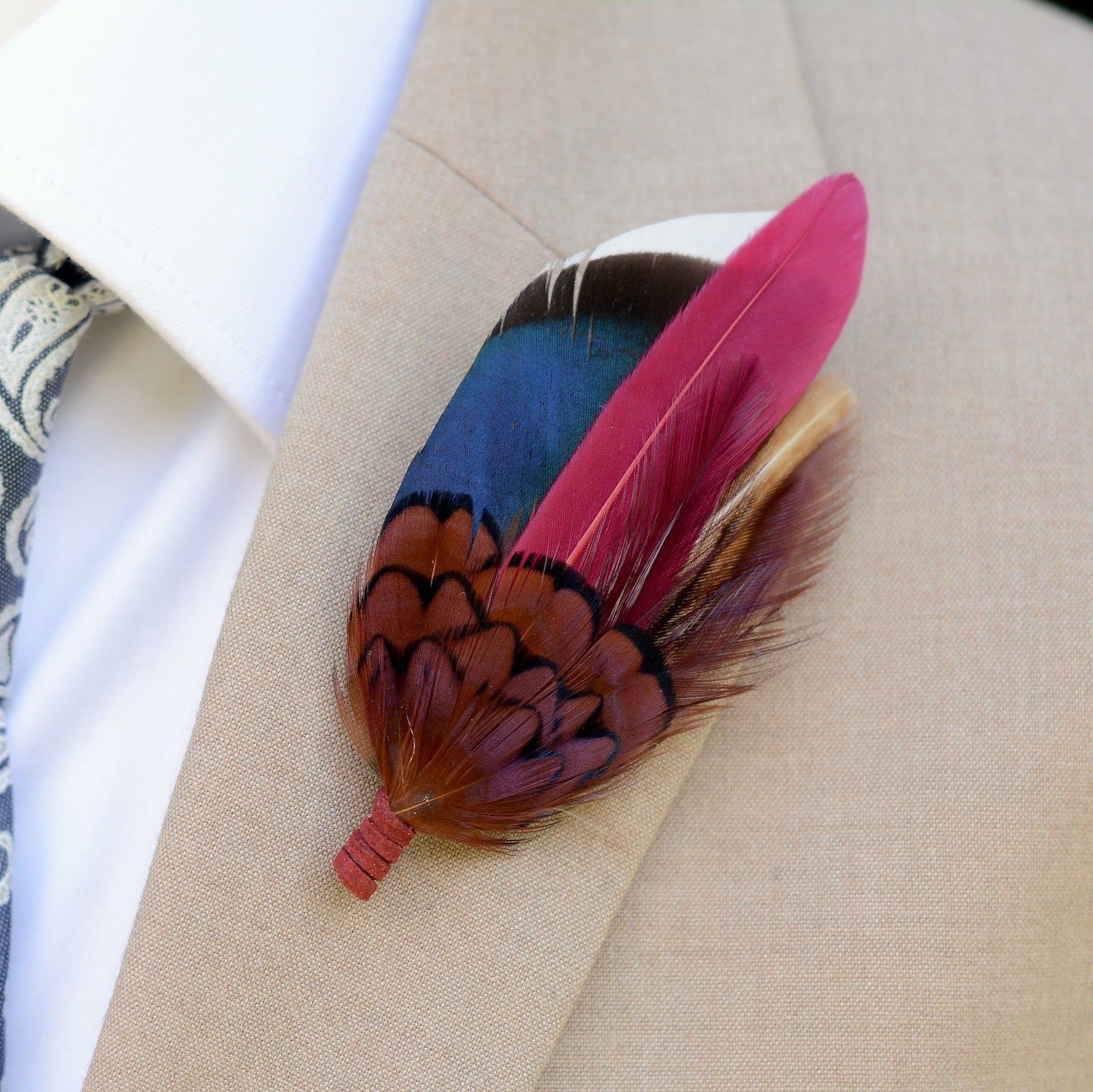 Navy and Burgundy Duck and Pheasant Feather Pin / Hat Pin | Duck Feather Boutonniere | Pheasant Feather Brooch | Feather Hat Pin