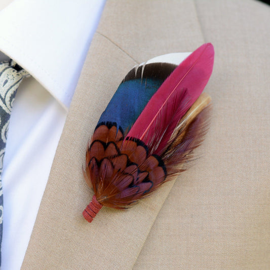 Navy and Burgundy Duck and Pheasant Feather Pin / Hat Pin | Duck Feather Boutonniere | Pheasant Feather Brooch | Feather Hat Pin