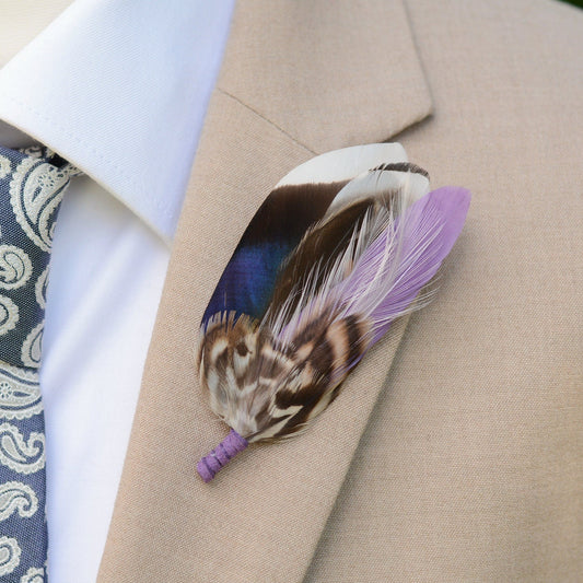 Grape Purple and Navy Blue Duck Feather Pin | Duck Feather Boutonniere | Pheasant Feather Brooch | Feather Hat Pin