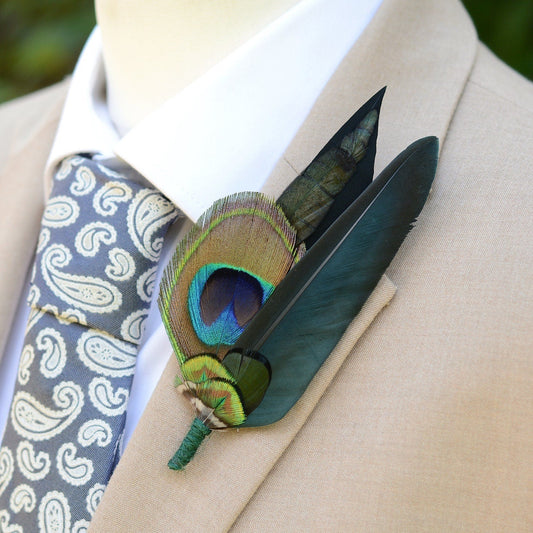 Peacock Feather Hat Pin in Green and Black | Peacock Feather Boutonniere | Peacock Feather Brooch