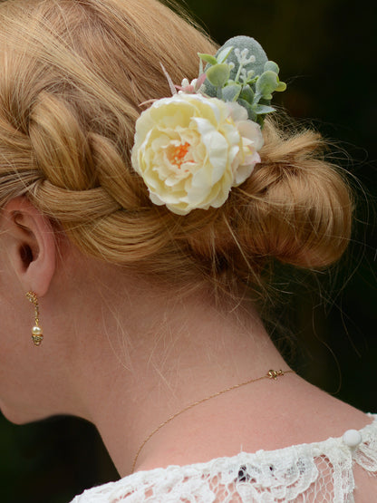 Ivory Peony Flower Hair Clip with Eucalyptus | Bridesmaids Hair Clip | Bridal Hair Clip | Flower Bun Clip | Pink Hair Clip