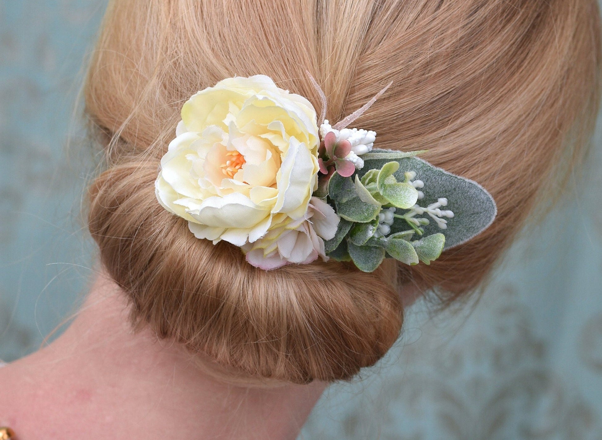 Ivory Peony Flower Hair Clip with Eucalyptus | Bridesmaids Hair Clip | Bridal Hair Clip | Flower Bun Clip | Pink Hair Clip