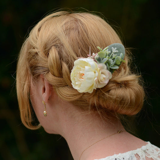 Ivory Peony Flower Hair Clip with Eucalyptus | Bridesmaids Hair Clip | Bridal Hair Clip | Flower Bun Clip | Pink Hair Clip