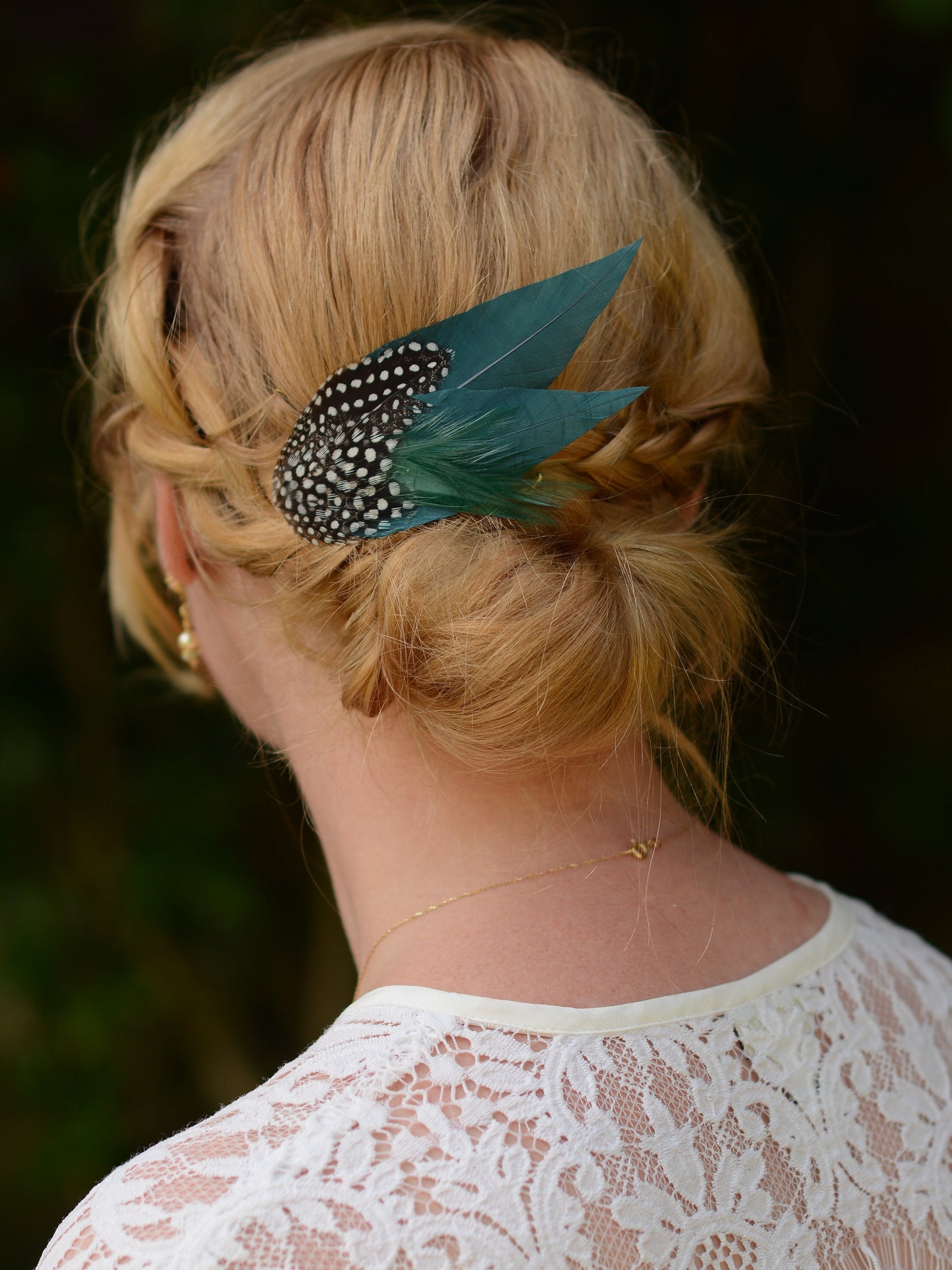 Deep Green Feather Hair Clip with Polka Dots, Green Feather Hair Piece