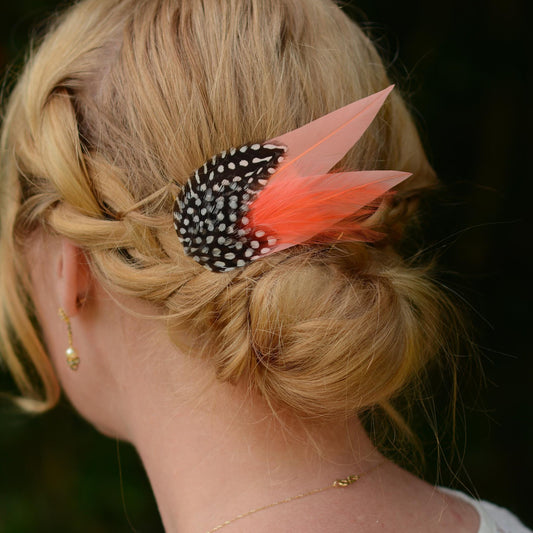Vintage Coral Pink Feather Hair Clip with Polka Dots, Pink Feather Fascinator