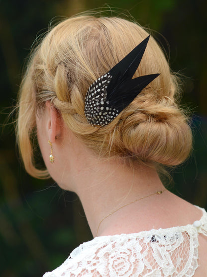 Black Monochrome Feather Hair Clip with Polka Dots | Black Feather Fascinator | Black Feather Headpiece | Wedding Fascinator