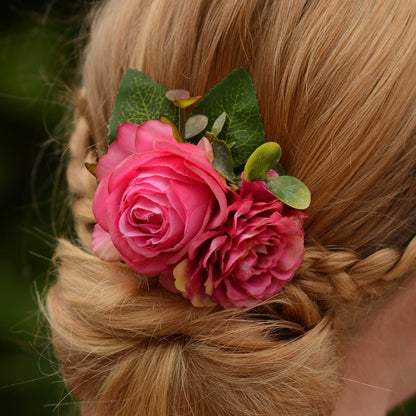 Bright Pink Rose and Peony Flower Hair Clip | Silk Flower Hair Clip | Bridal Hair Clip | Bridesmaids Hair Clip | Flower Girl