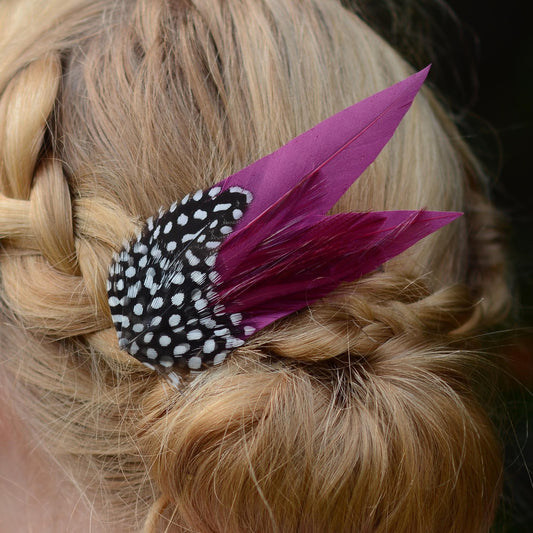 Plum Purple Feather Hair Clip with Polka Dots | Plum Feather Fascinator | Purple Feather Headpiece | Wedding Fascinator | Bridal Headpiece