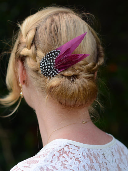 Plum Purple Feather Hair Clip with Polka Dots | Plum Feather Fascinator | Purple Feather Headpiece | Wedding Fascinator | Bridal Headpiece