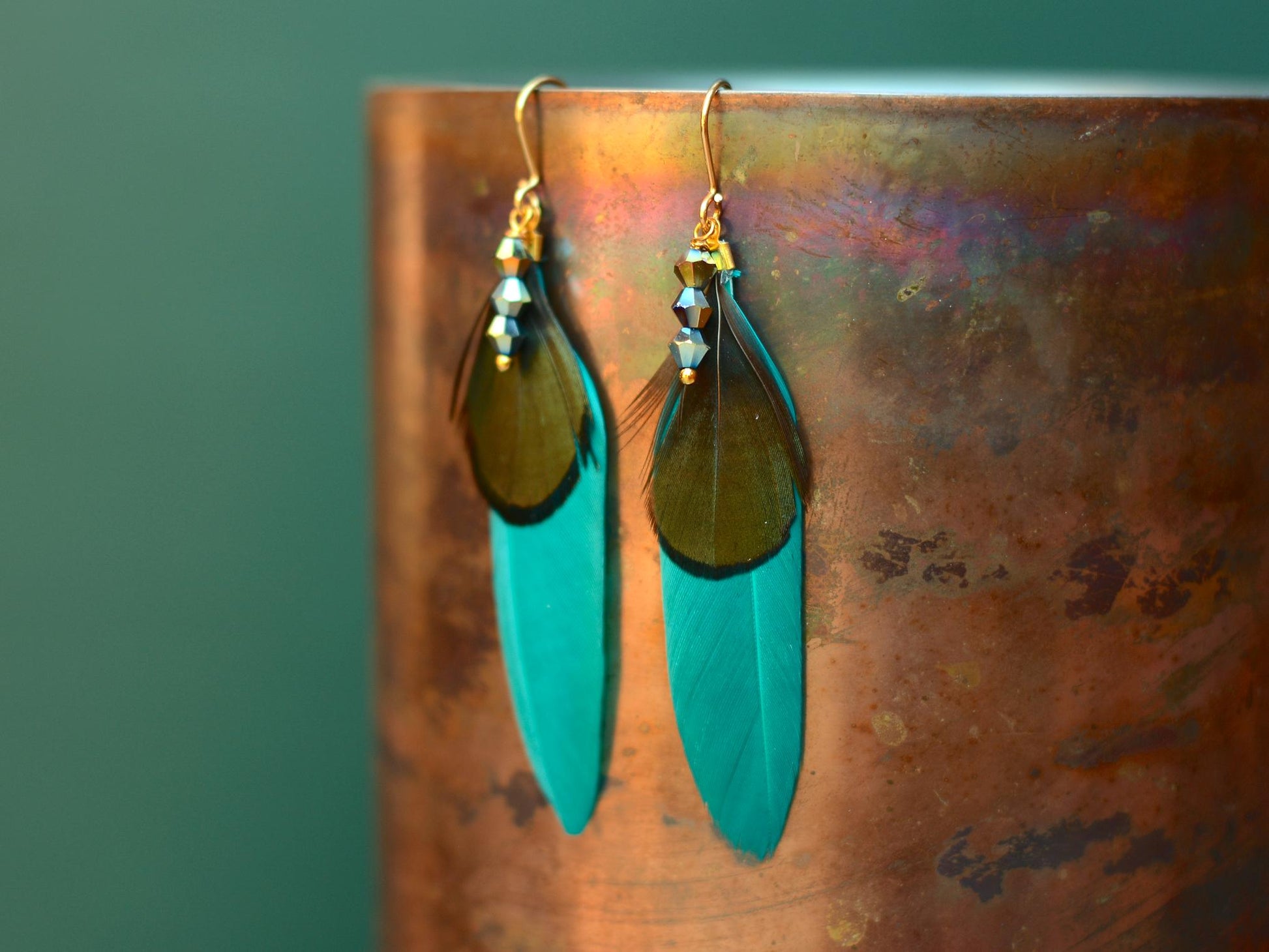 Teal, Green and Gold Feather Earrings