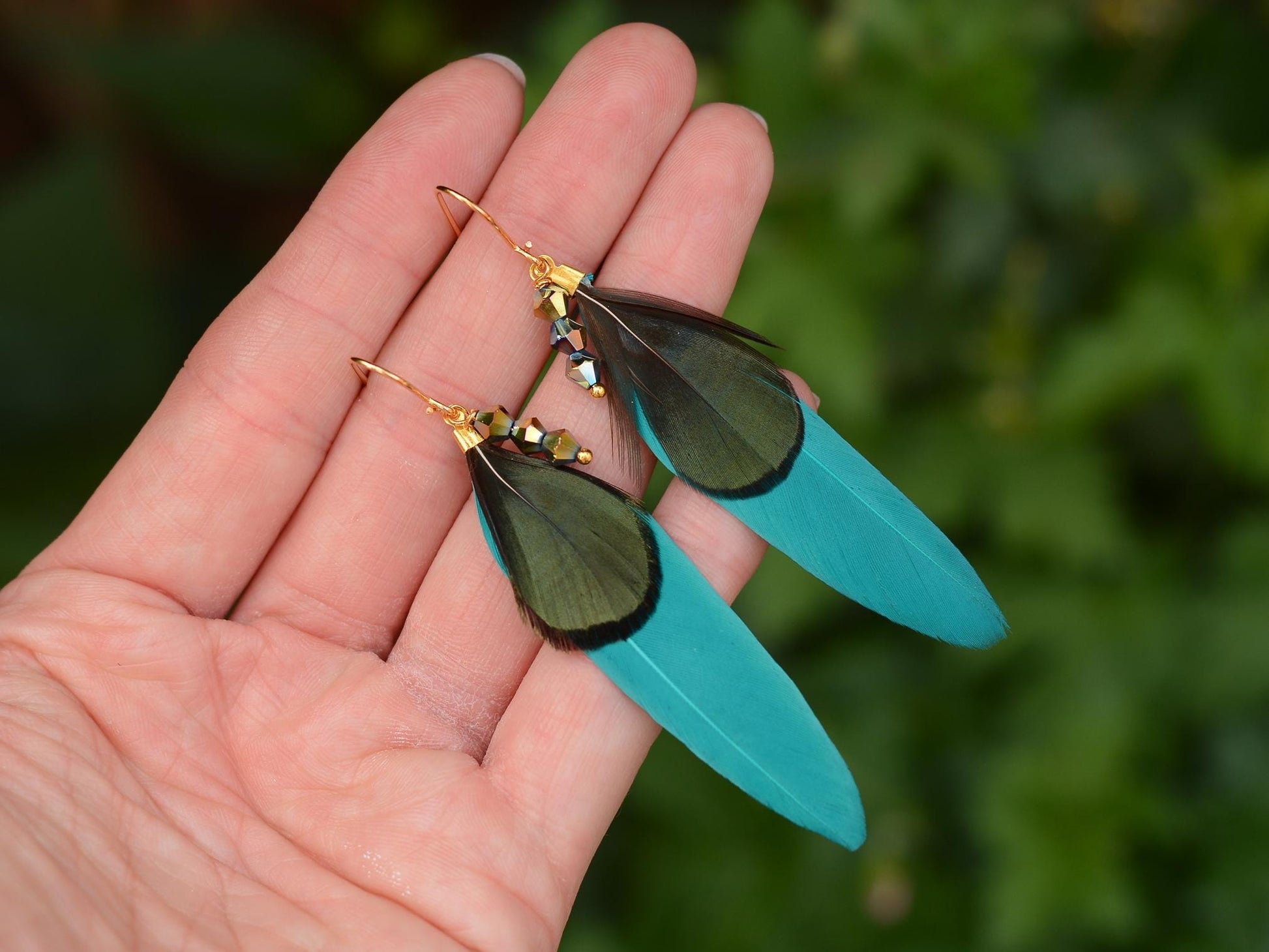 Teal, Green and Gold Feather Earrings