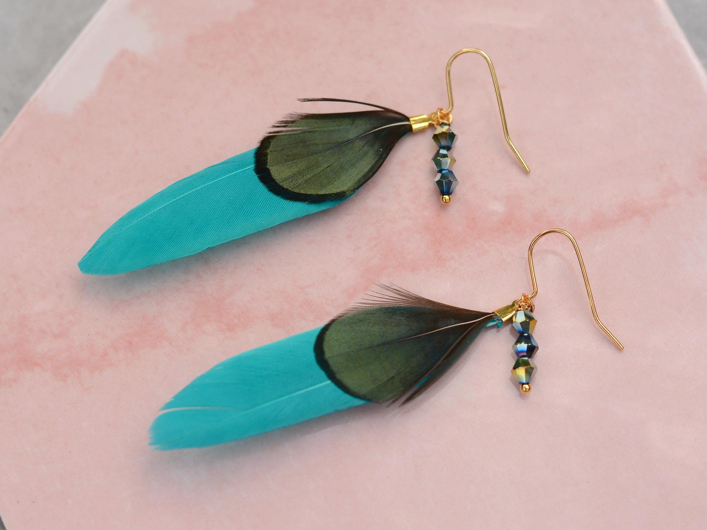 Teal, Green and Gold Feather Earrings