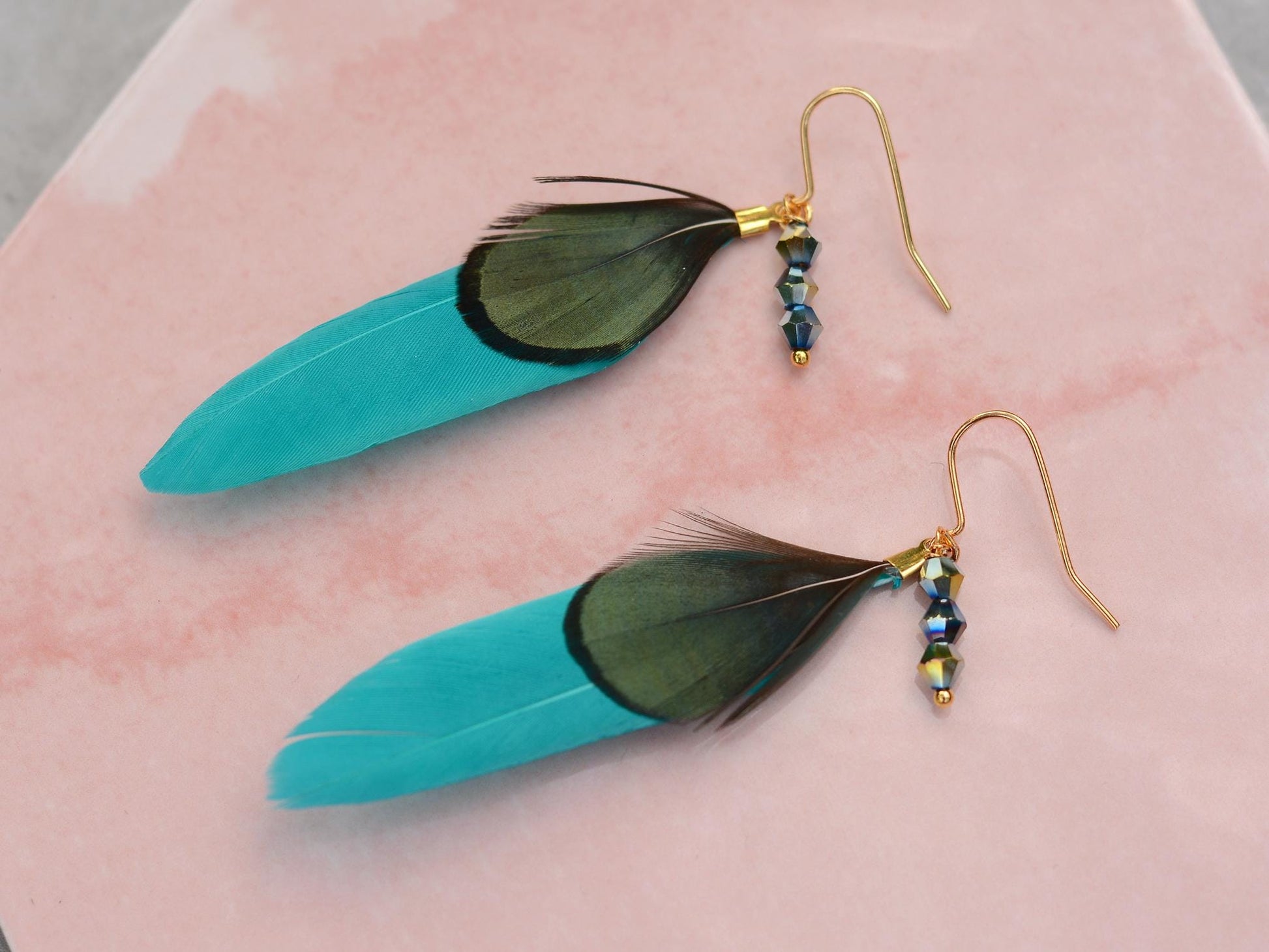 Teal, Green and Gold Feather Earrings