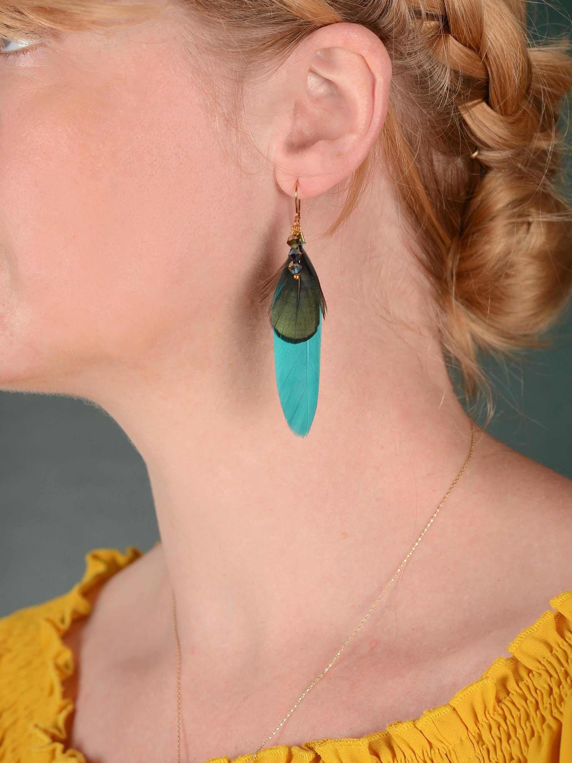 Teal, Green and Gold Feather Earrings
