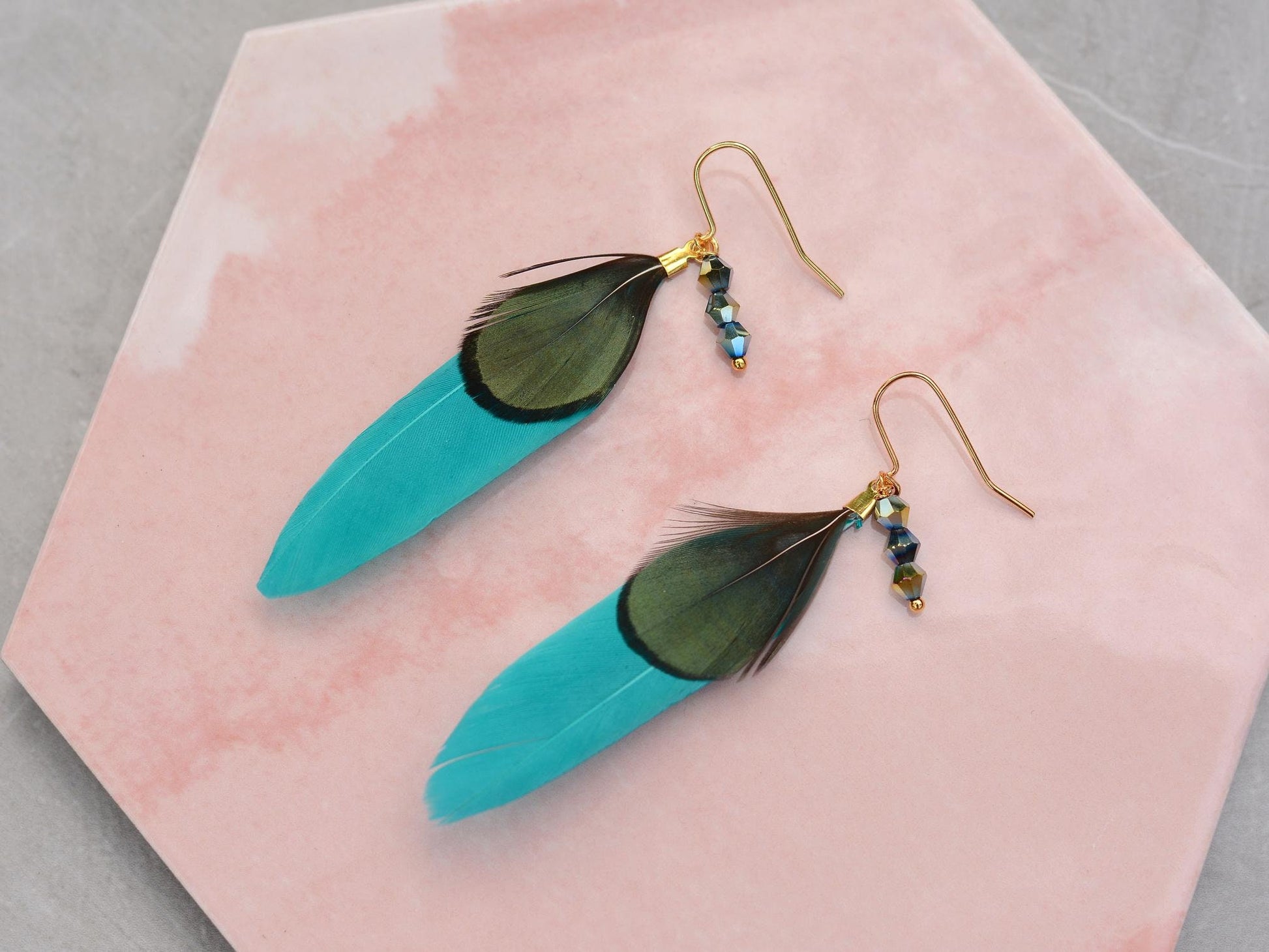 Teal, Green and Gold Feather Earrings