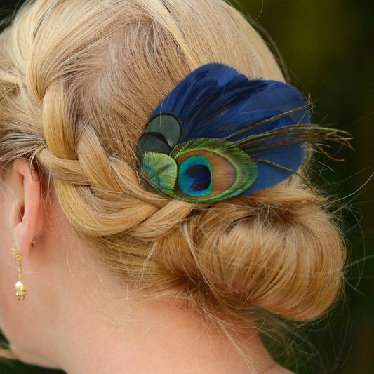 Navy Blue and Peacock Feather Hair Clip, Peacock Feather Fascinator